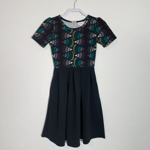 LuLaRoe Womens Amelia Dress Fit & Flare Short Sleeve Black Green Red Size XS